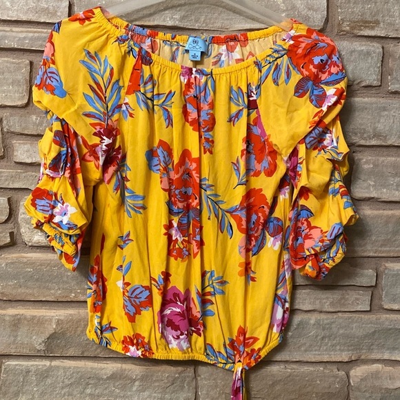 Cece Yellow Multi Gathered Tie Waist Floral 3/4 Sleeve Off Shoulder Top Sz M - Picture 2 of 7
